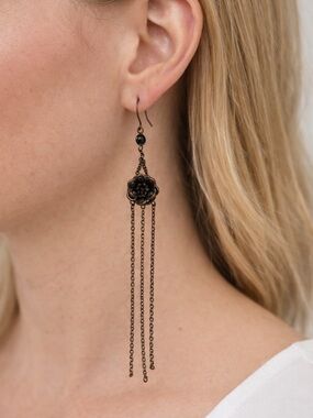Long Floral Chain Drop Earrings - Bronze Tone